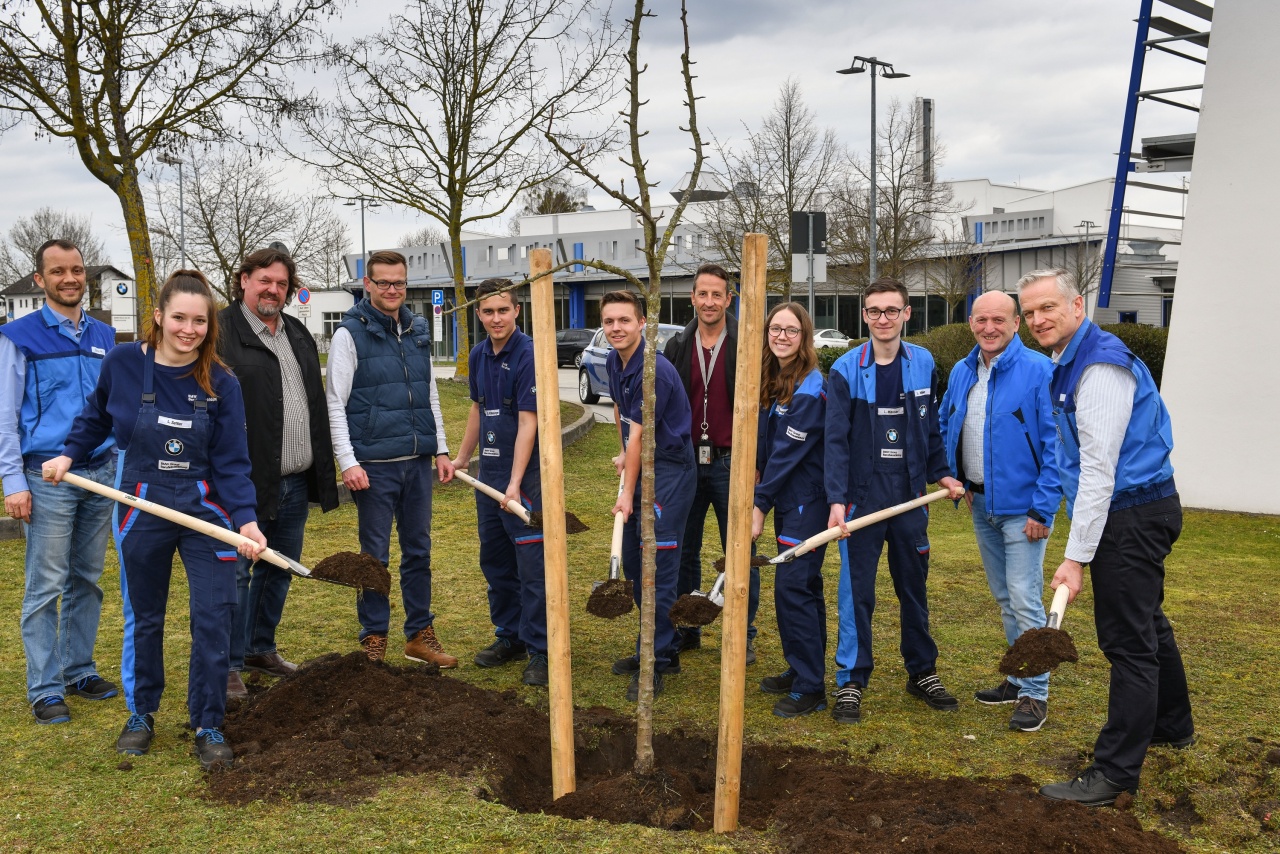 Azubis und Personalleiter Uwe Bald (rechts im Bild) pflanzten den Birnbaum vor dem Aus- und Weiterbildungszentrum ein.