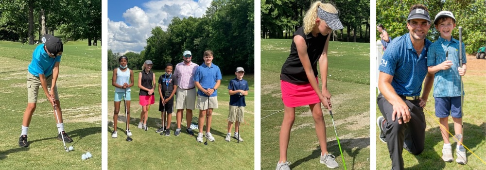 golfer instructor and children on the golf course learning to put. 