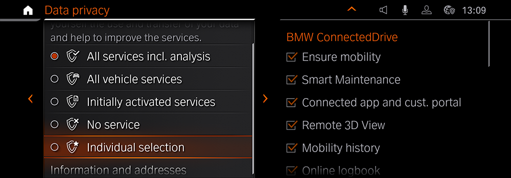 A display with individual data privacy settings