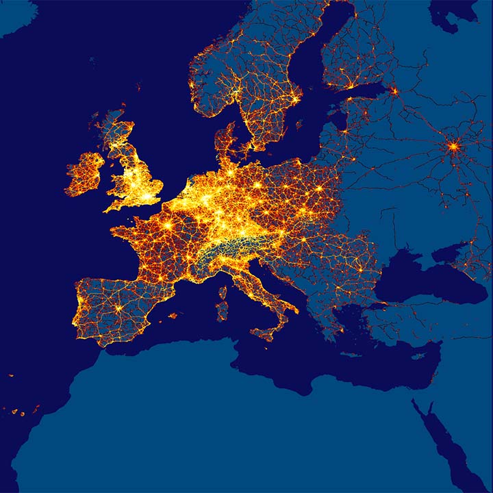 A world map with highlighted street networks