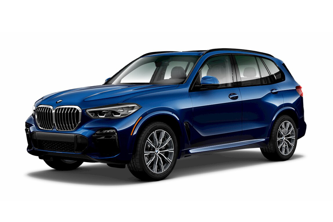 BMW X5 xDrive 50i Tanzanite Blue II Metallic on white background.